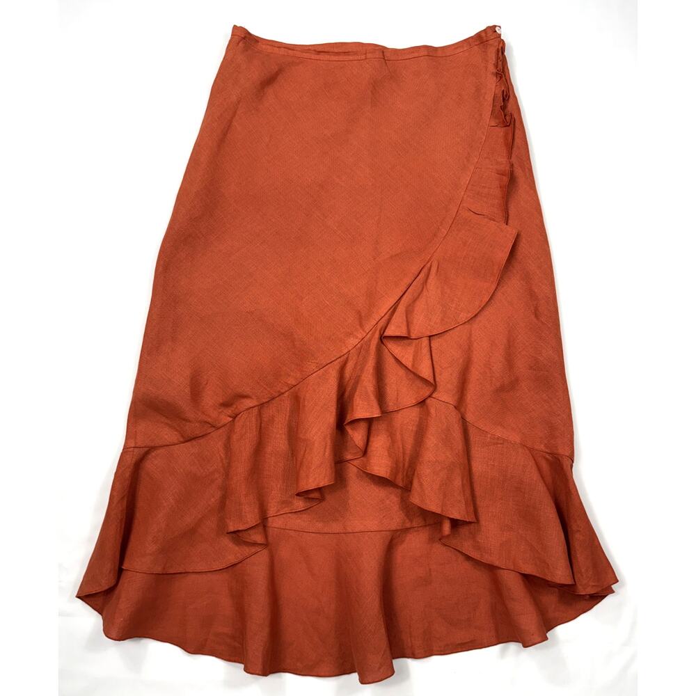 Taboo 100% Linen Ruffle Faux Wrap Coral color Midi Skirt Sz 42 - Picture 2 of 13
